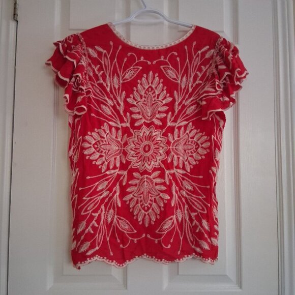 Solitaire Women's Size Small Red Embroidered Bohemian Ruffle Feminine Top - Picture 3 of 12